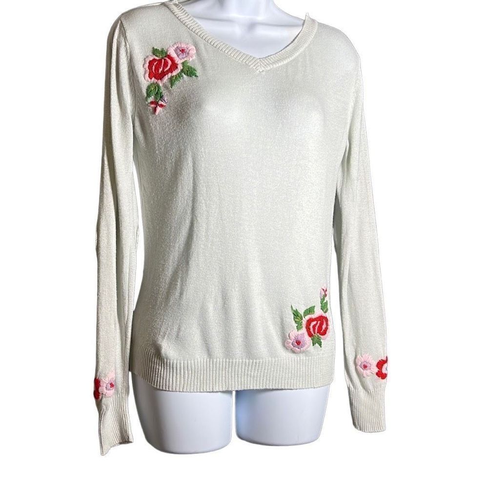 Tulle Elbow Patch Floral V-Neck Sweater Size M